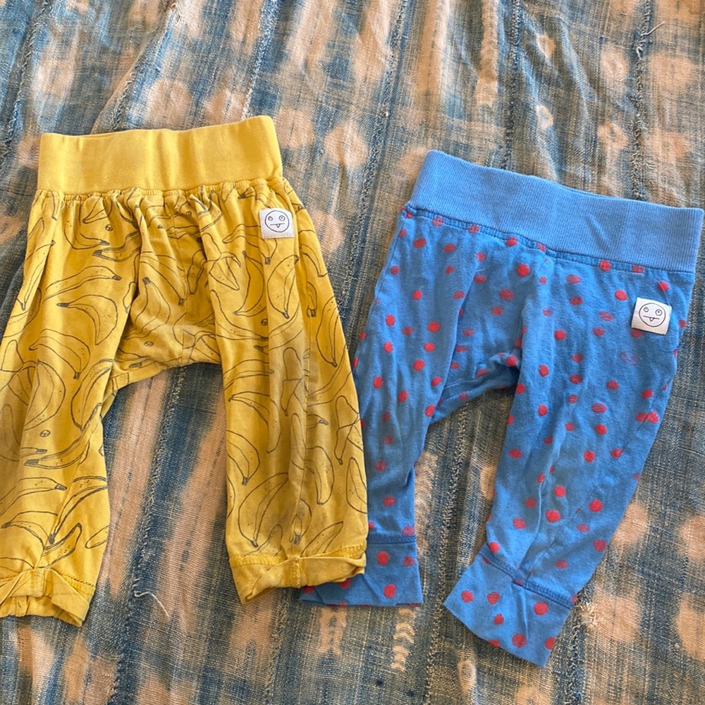 Set of 2 Indikidual pants very loved and worn knee stains pilling 9-12 months